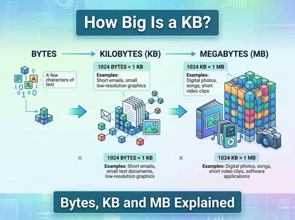 Chart explaining how bytes, kilobytes and megabytes compare