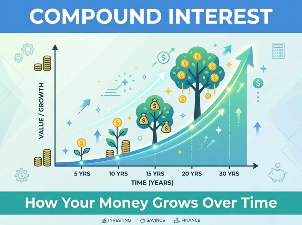Graph showing savings growing through compound interest over time
