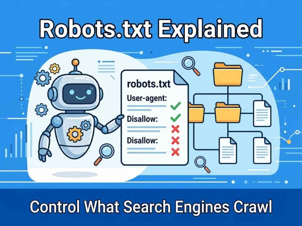Diagram showing how a robots.txt file guides search engine crawlers