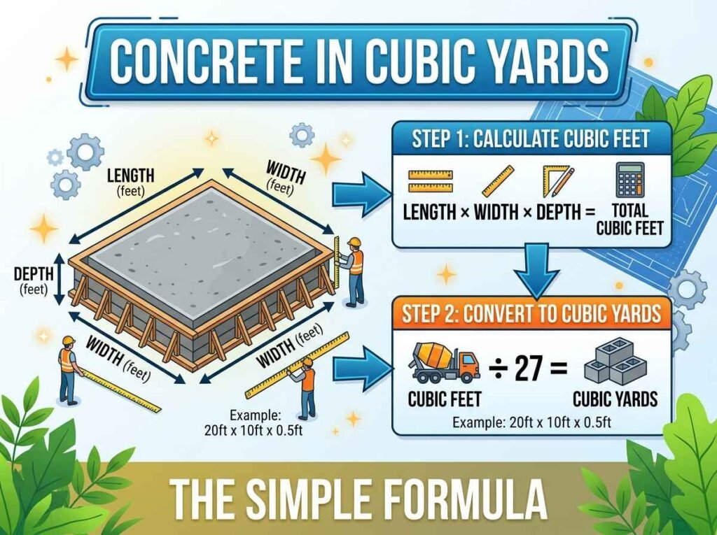 Concrete slab measurements being calculated in cubic yards