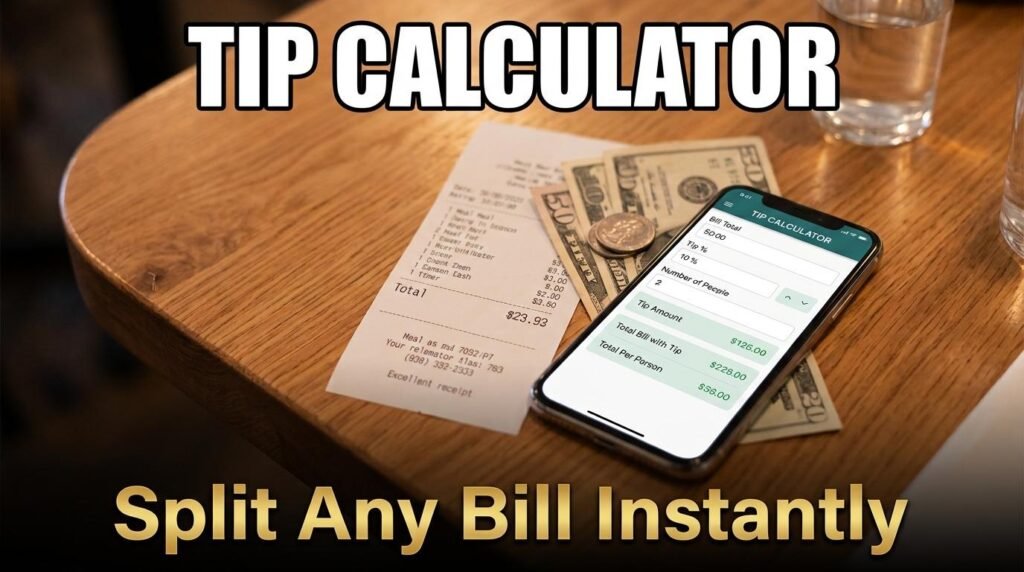 Tip calculator showing bill amount, tip percentage, and total per person